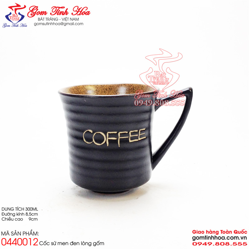 Ly cốc cafe quai vếch men đen lòng gốm