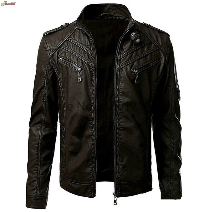 Mùa thu mùa đông nam áo khoác da màu đen nâu người đàn ông đứng cổ áo khoác da biker áo khoác xe máy da punk áo khoác