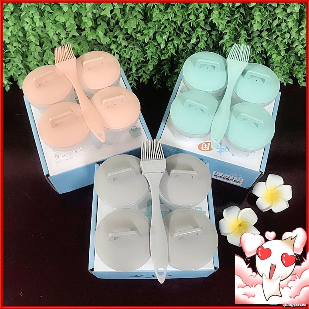 Khuôn hấp trứng, làm bánh cho bé (bộ 4 khuôn nhựa kèm chổi silicon quét dầu)