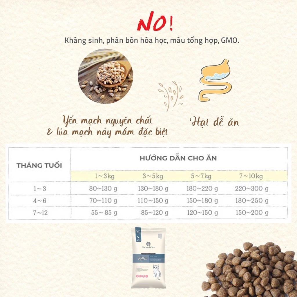 Hạt hữu cơ cho Mèo con Natural Core Bene C1, gói 400g
