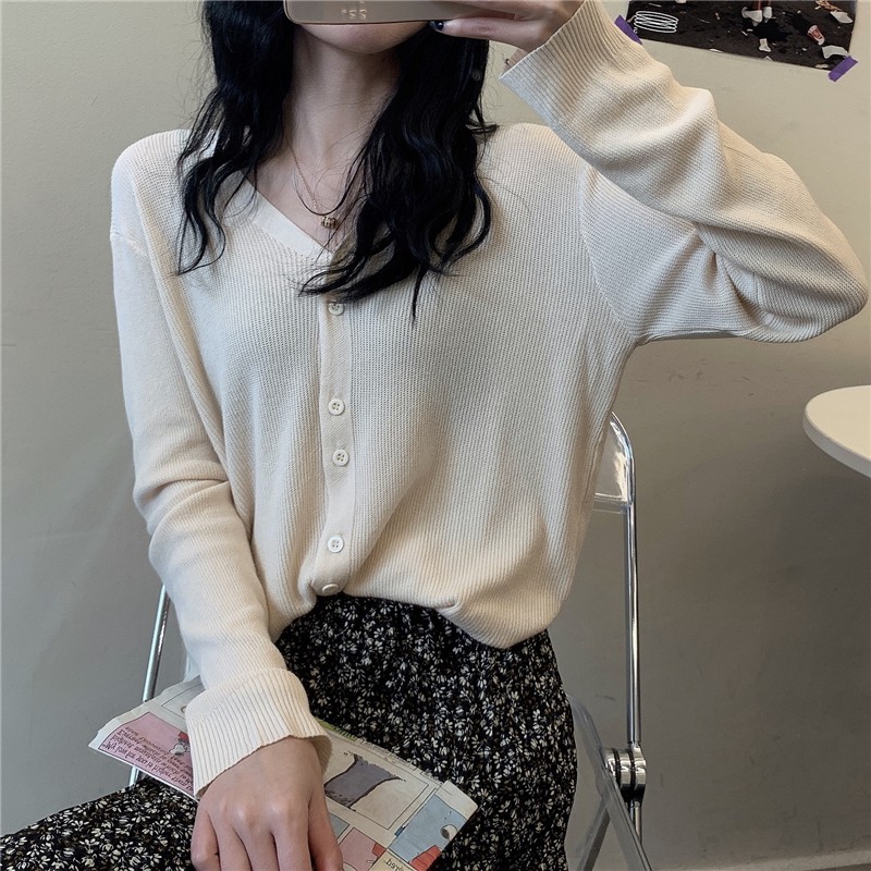 Áo Khoác Cardigan Thun Len Dệt Kim Tay Dài Dáng Rộng Cổ Chữ V Thời Trang Mùa Thu