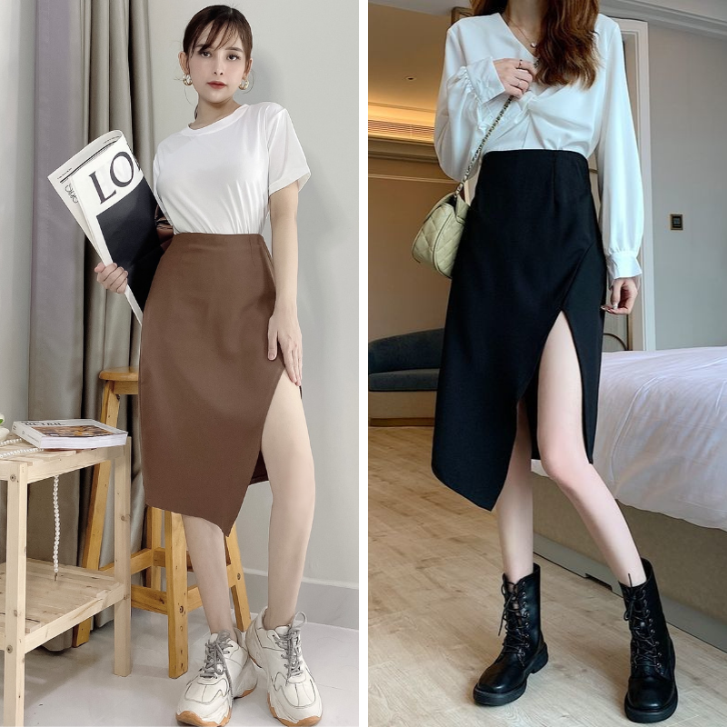 Chân váy dài qua gối Midi xẻ tà vạt chéo phong cách Hàn Quốc cá tính trẻ trung sang trọng có big size Mely Fashion CV22