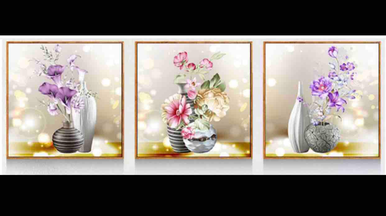 [HCM]THÊU KÍN - tranh thêu chữ thập bộ 3 bình hoa tím CHƯA THÊU