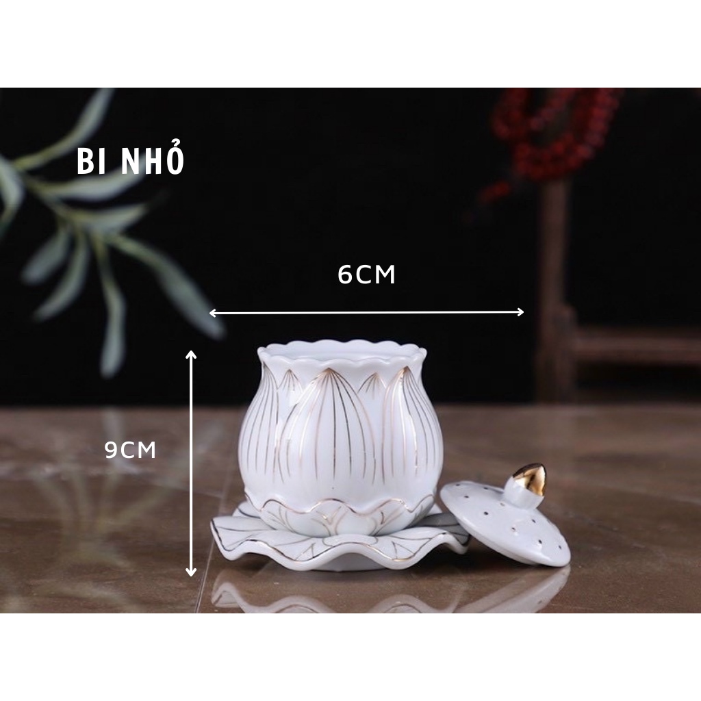 Bộ thờ cúng- set đồ thờ phụng họa tiết hoa sen trắng in nổi sứ cao cấp