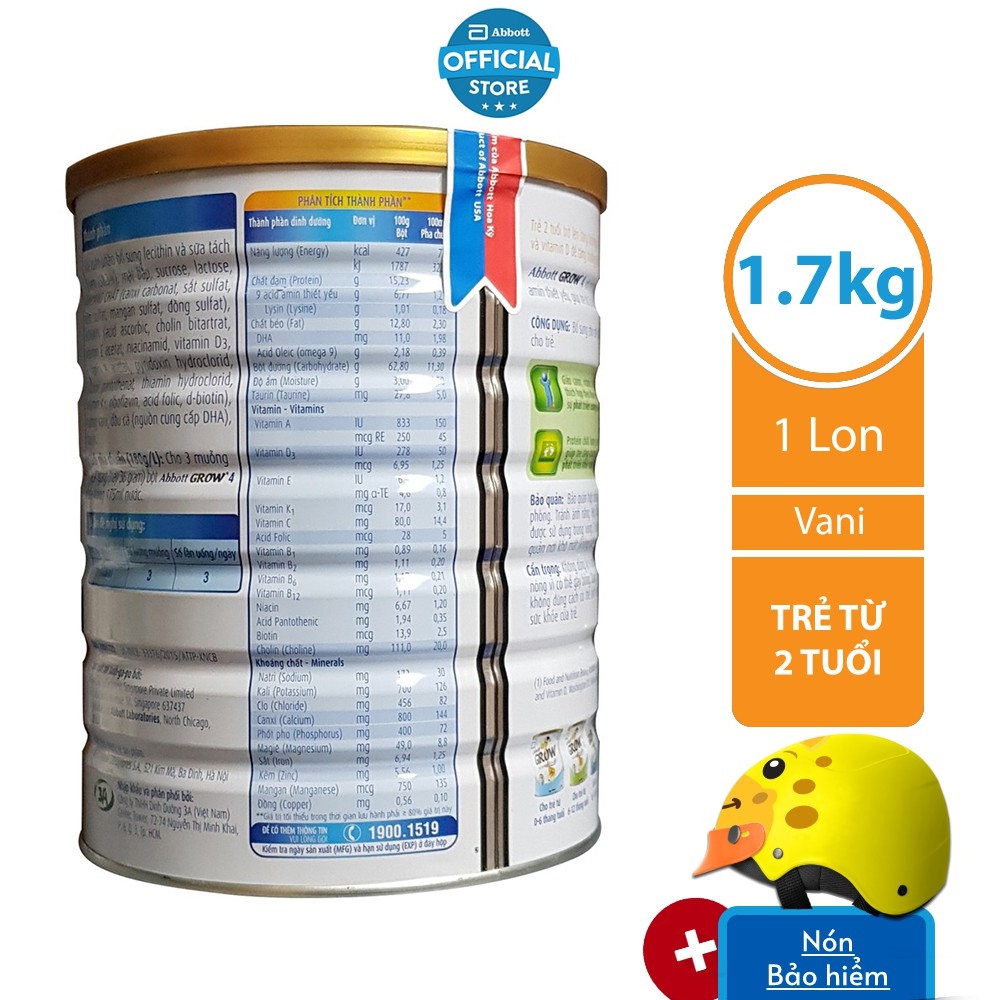 [Tặng Nón bảo hiểm Hươu] Sữa Bột Abbott Grow 4 1.7kg/lon