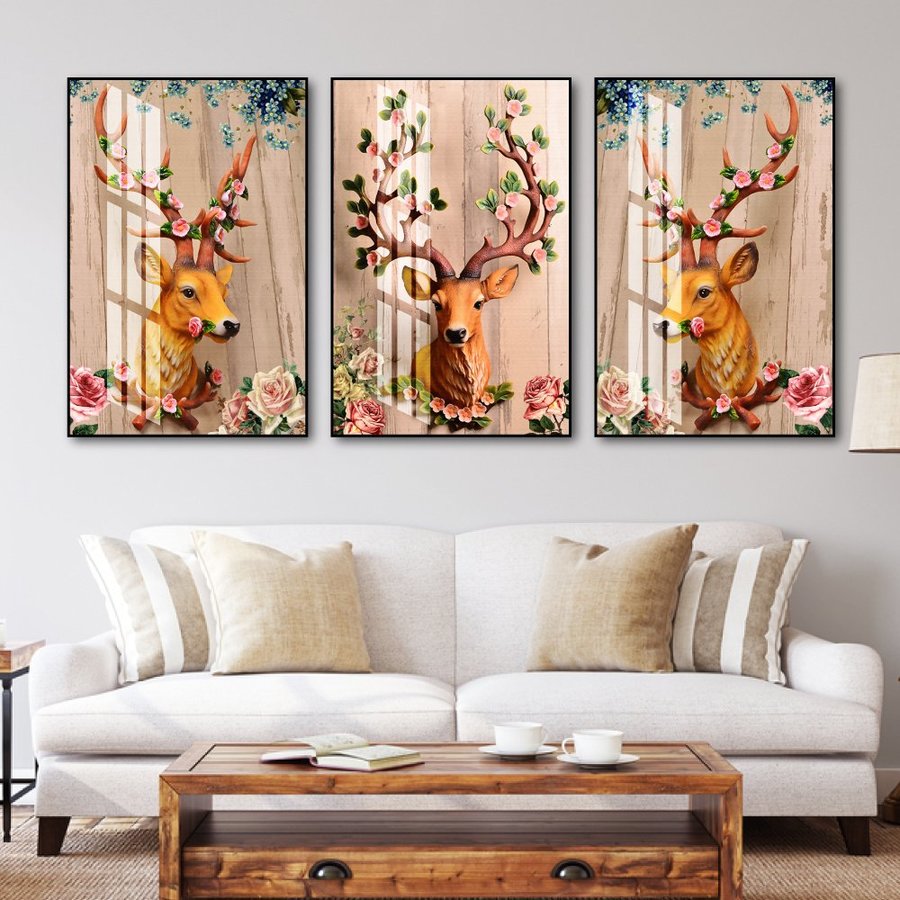 Tranh canvas giá xưởng Bộ tranh treo tường Hươu Rừng nghệ thuật Bắc âu trang trí decor phòng khách phòng ngủ tranh treo tường 3d phòng khách đẹp
