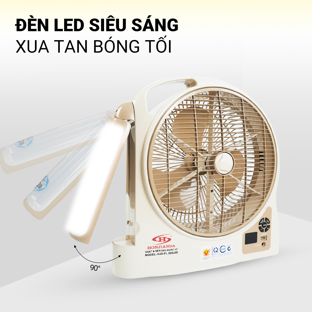 Quạt sạc tích điện dạng hộp AC&DC 12 inch Honjianda FL323/FL313 1-2 bình - có đèn LED & USB