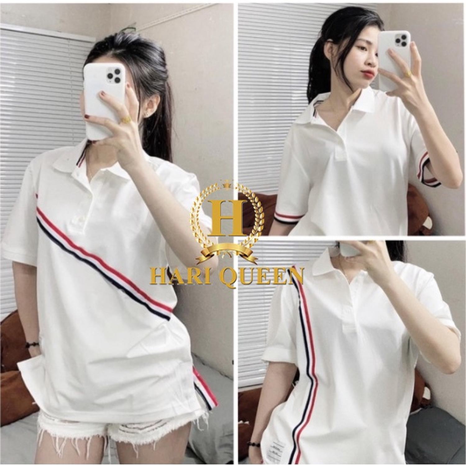 Áo Polo nam nữ họa tiết in chéo form rộng đẹp tay lỡ kiểu hàn quốc vải cotton HARI in hoạ tiết