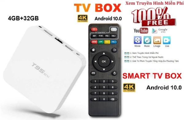 Tv Box-Smart Box Tv Android 10.0 Ram 4GB Rom 32GB 4K 1080p Wifi 2.4g & 5g Xem Miễn Phí 200 Kênh Truyền Hình-Thể Thao Bóng Đá-Phim Truyện