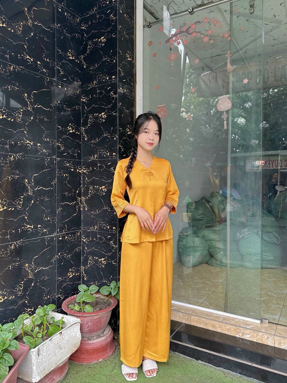 Đồ Lam Đi Chùa # Bộ Lua Cổ Tim Trơn # Quần Áo Nữ