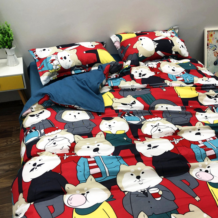 Trọn Bộ 4 Món Chăn Ga Gối Cotton Poly Nhập Mẫu CHÓ SHIBA INU