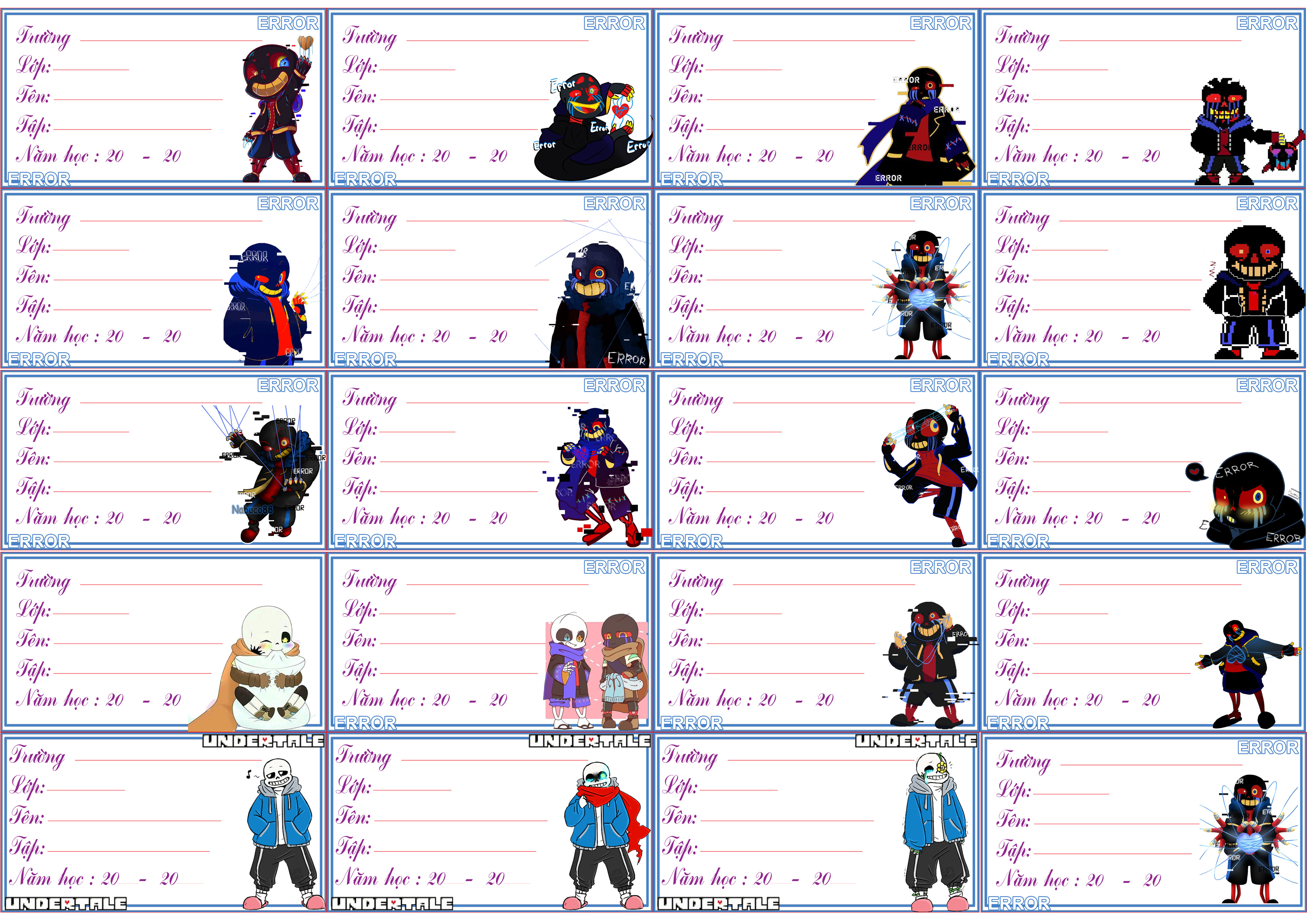 set 40-100 Nhãn vở Sans Undertale