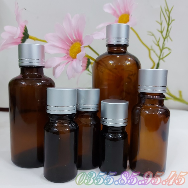 10 Chai thủy tinh chiết serum, tinh dầu thân NÂU nắp VẶN BẠC 5ml 10ml 15ml 20ml 30ml 50ml 100ml, chai đựng serum, lọ chiết mỹ phẩm du lịch