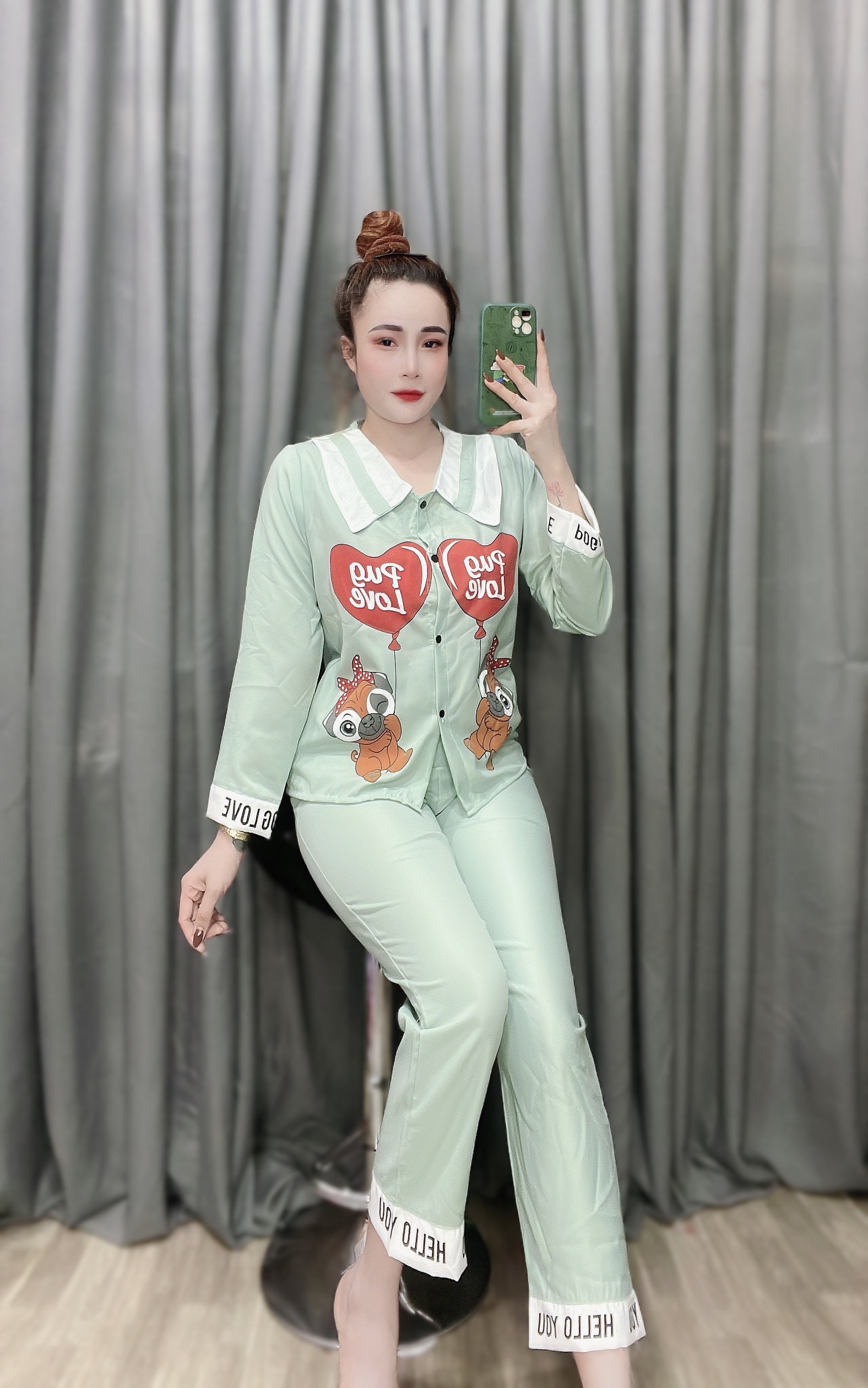 Bộ pijama tiểu thư tay dài Quần dài có túi vải kate lụa in hình đáng yêu, Bộ đồ nữ phối bèo dễ thương dưới 55kg