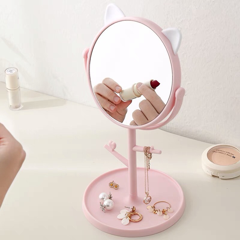 Gương trang điểm để bàn tai mèo bằng nhựa xoay 360 độ đáng yêu kèm móc treo phụ kiện nữ trang 2 màu trắng hồng Mimoquatangphukien giá rẻ