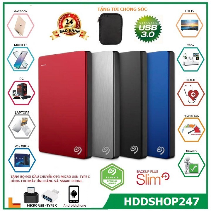 [HCM]Ổ cứng di động Seagate Backup Plus Slim 320GB500GB1TB BH 24 Tháng-Tặng túi chống sốcđầu chuyển OTG Micro USB Type-C dùng kết nối với SmartPhone(Androi Phone)