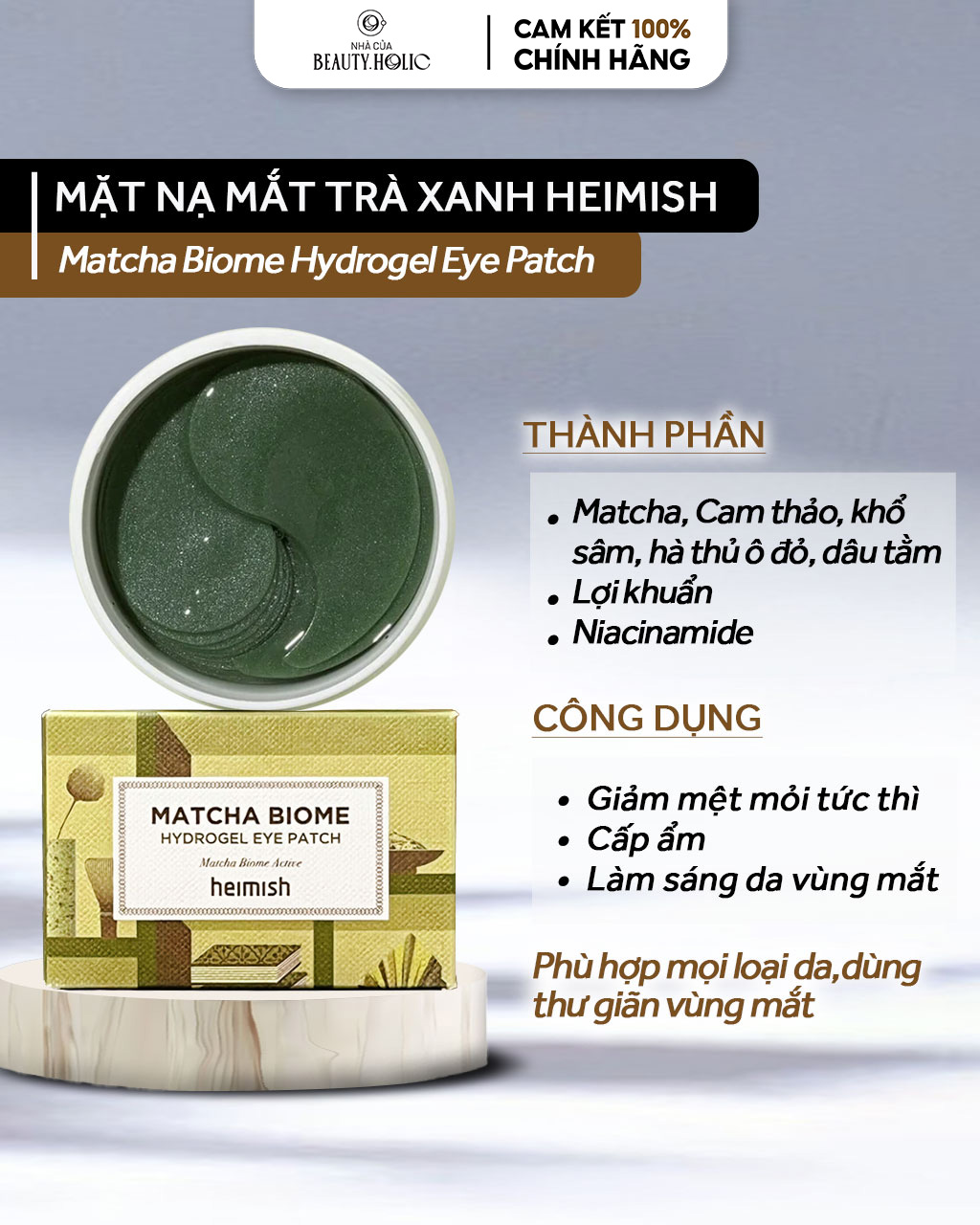 [Nhacuabeautyholic] Mặt nạ mắt HEIMISH MATCHA BIOME HYDROGEL EYE PATCH