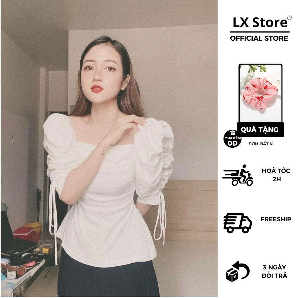 [HCM]Áo Vai Phồng Dây Rút Cổ Vuông Tay Lỡ Xếp Ly Ngực (TRẮNG)