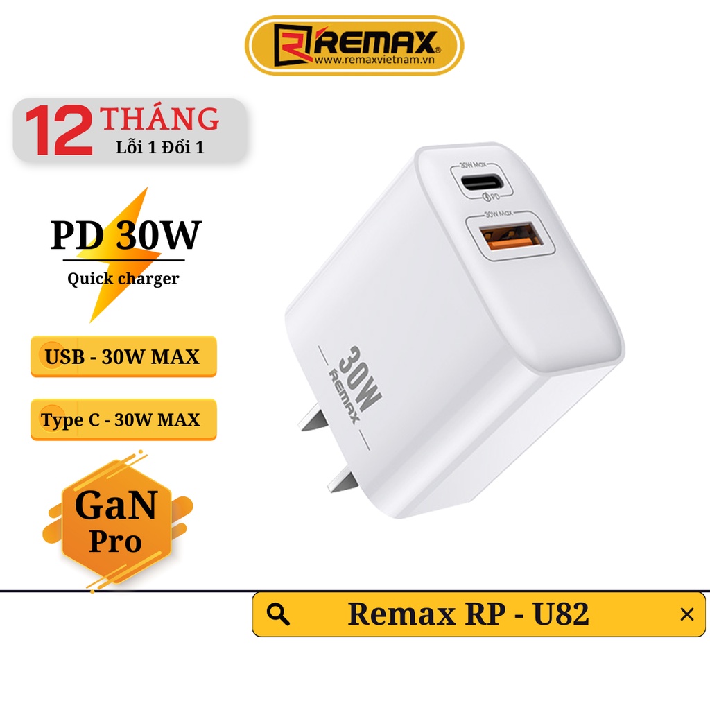 Củ sạc nhanh 2 cổng 30w remax rp-u82 pro hỗ trợ sạc nhanh 30w cho 14 seri bảo hành 12 tháng 1 đổi 1