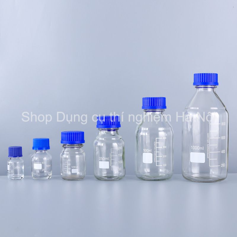 Chai thủy tinh trung tính nắp vặn xanh ( chai thủy tinh có vạch chia dung tích )