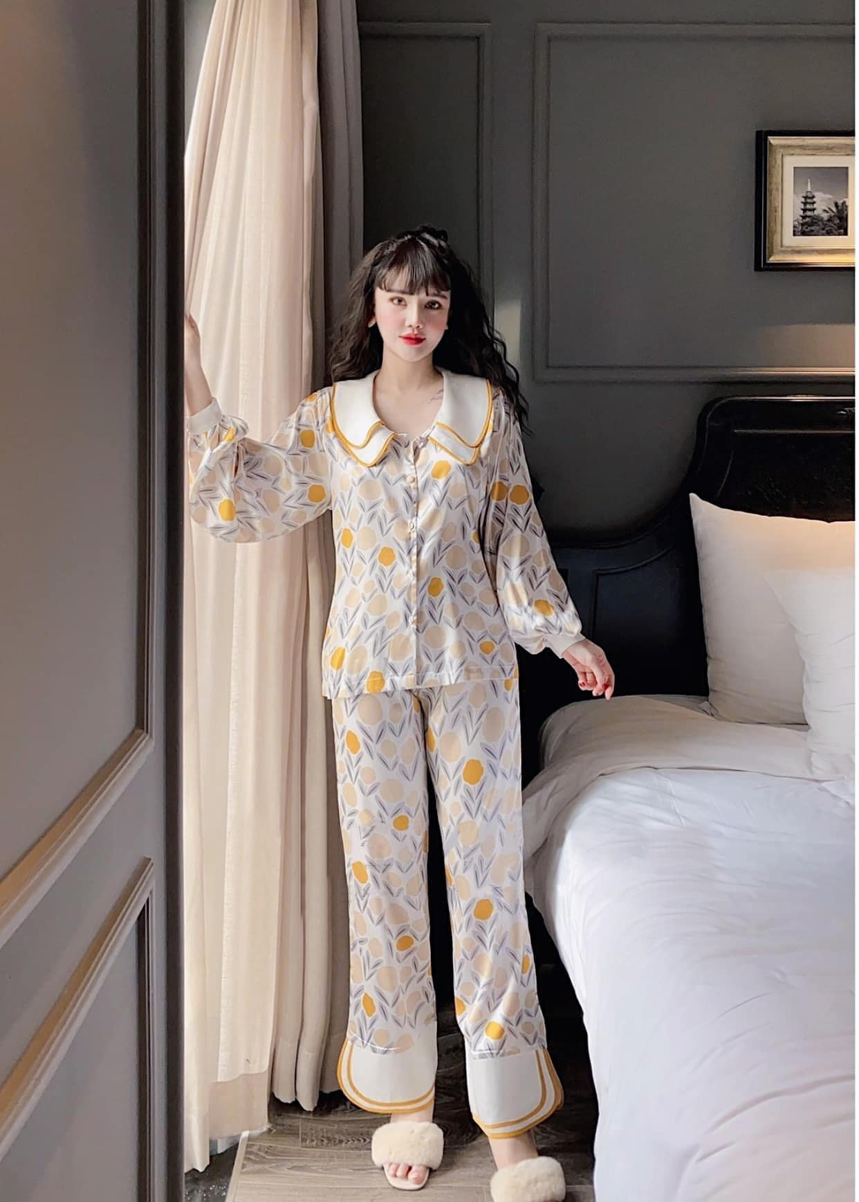 【LỤA】SET Đồ Ngủ Pijama Lụa Cao Cấp Hoa Vàng, Quần dài (Dài Tay), Size S,M,L (40-64kg)