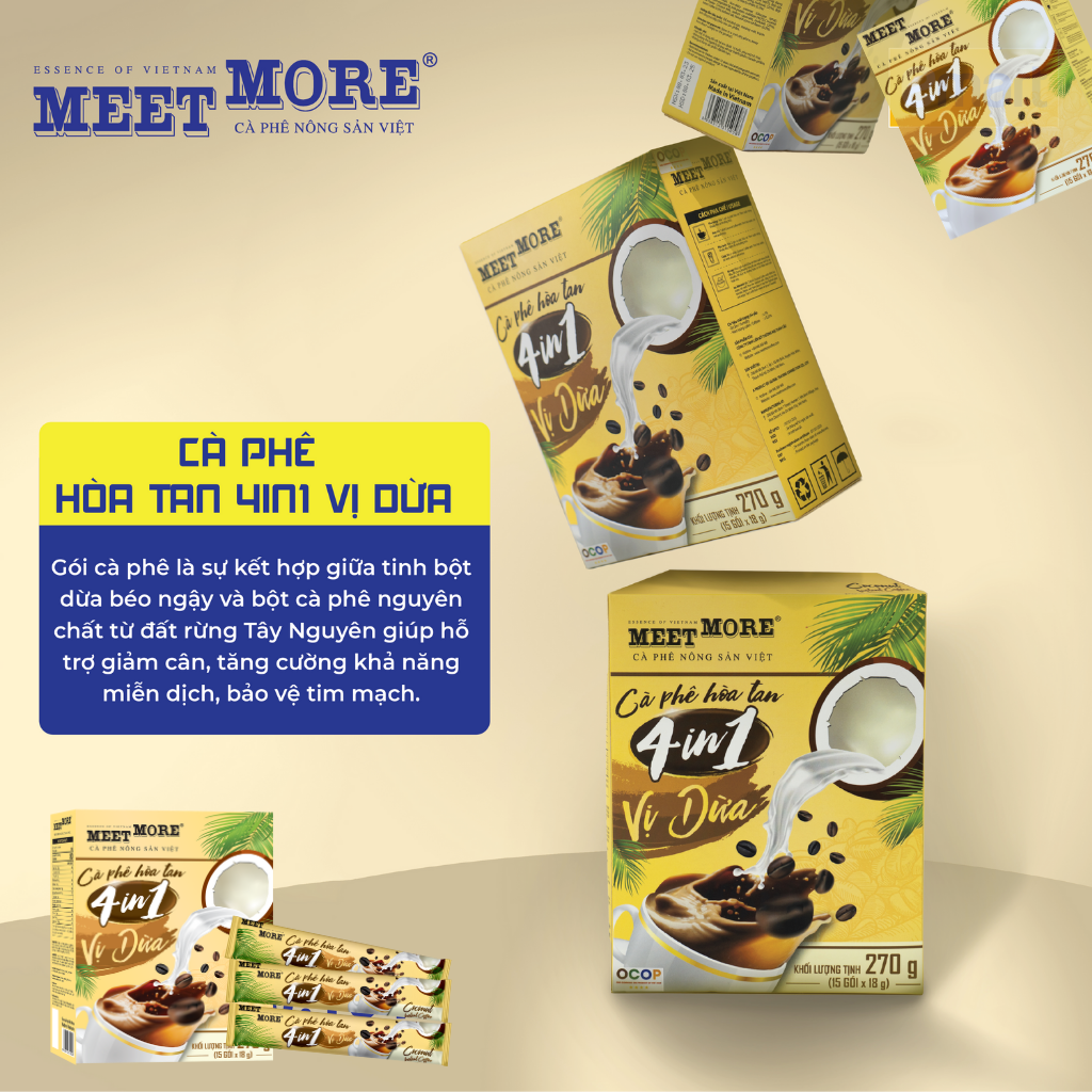 Combo 2 Hộp Cà phê Hòa Tan Dừa Và Đậu Xanh Meet More (15 Gói/18Gram/Hộp) - Cà phê Nông Sản Việt