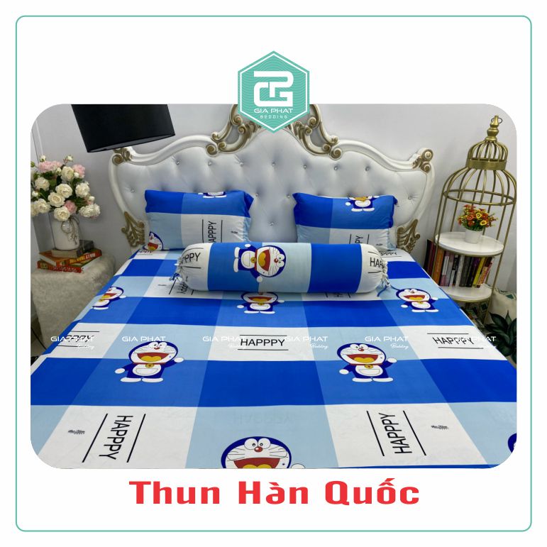 Bộ ga gối Thun Lạnh Hàn Quốc {4 món} họa tiết Doremon (1 ga bọc + 2 vỏ gối nằm + 1 vỏ gối ôm)