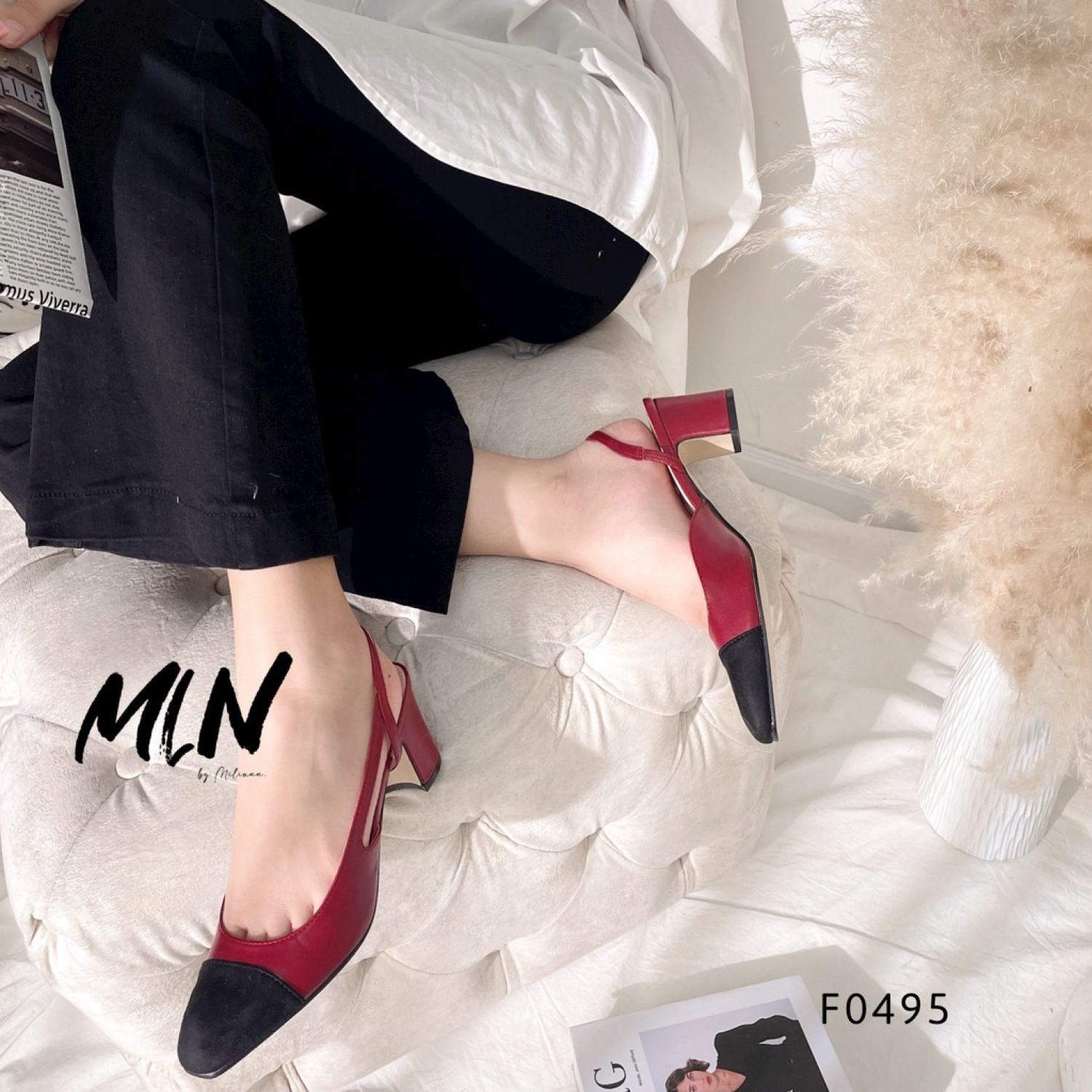 Giày cao gót nữ slingback gót vuông 5p bít phối mũi hậu thun da mềm f0495