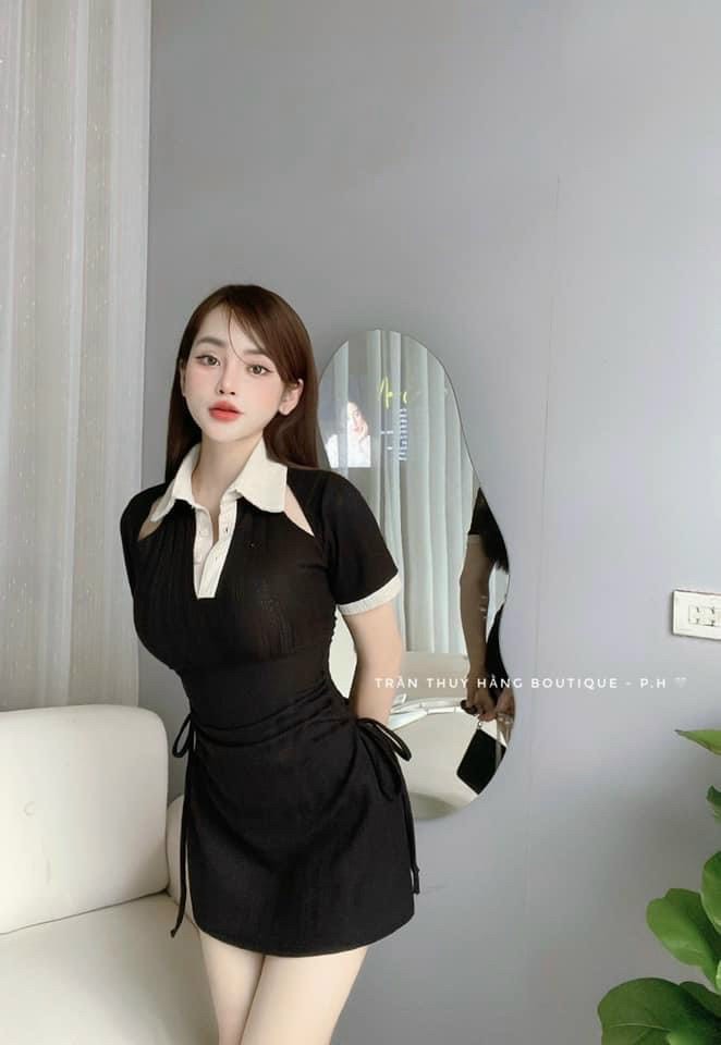 Đầm thun gân body váy polo tay ngắn rút dây eo tôn dáng mặc đi chơi 3 màu cơ bản trắng đen nâu sành điệu