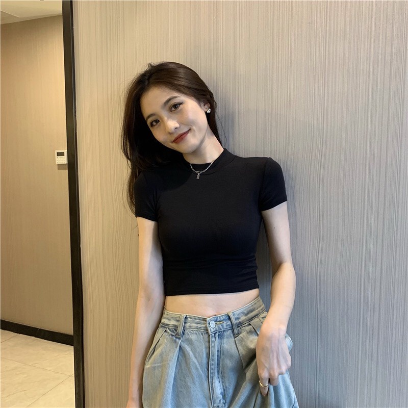 [EIGHTYK] Áo Croptop Tay Ngắn Cổ Lọ Cotton