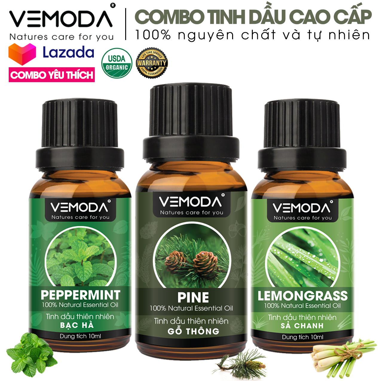 Tinh dầu xông phòng cao cấp gồm 3 chai tinh dầu nguyên chất: tinh dầu Bạc hà + tinh dầu Gỗ thông + tinh dầu Sả chanh Vemoda