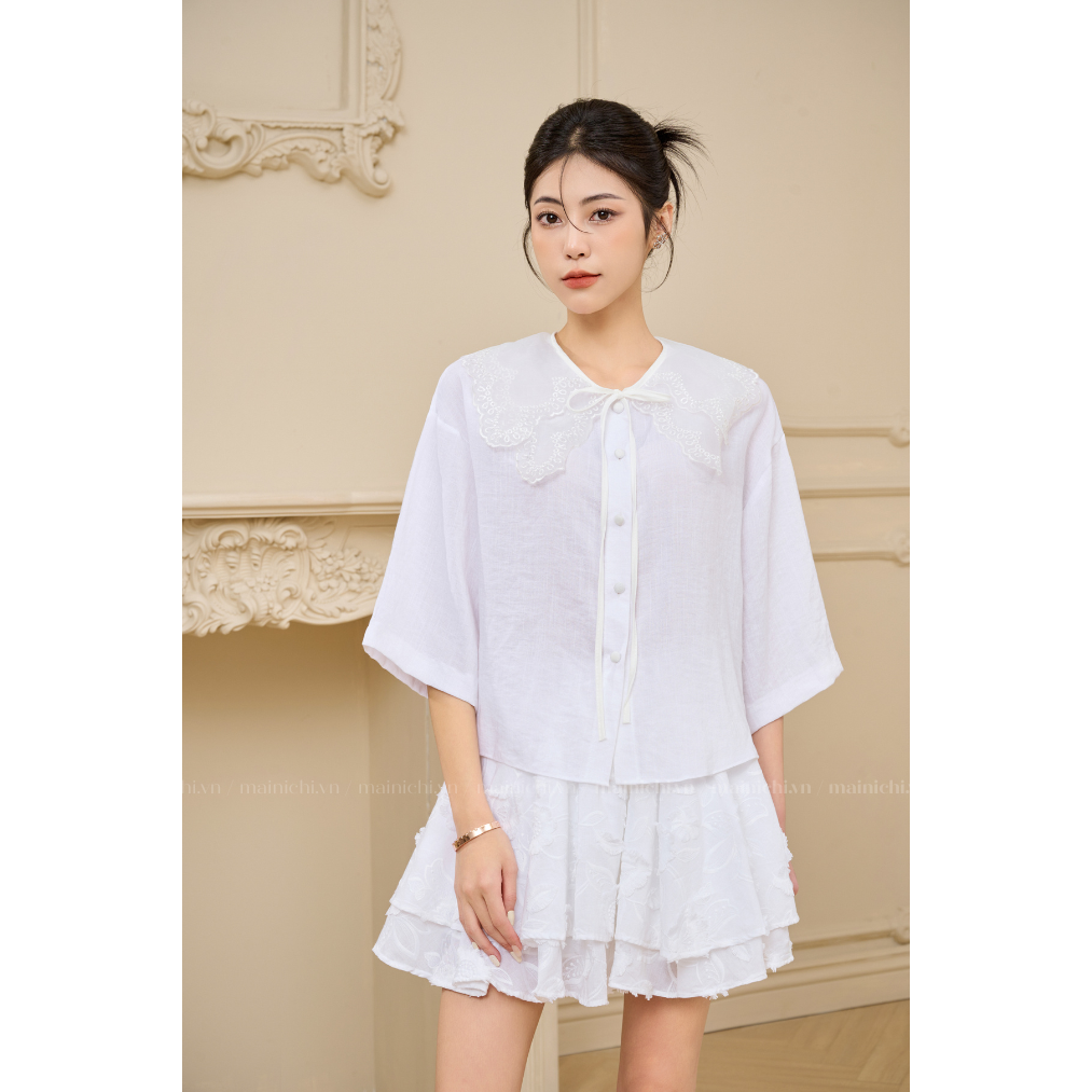 Áo Sơ Mi   Linen Cổ Thêu Họa Tiết Phối