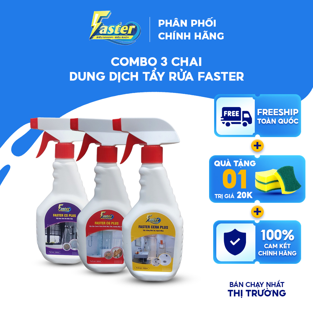 Combo nước tẩy ố mờ gương kính nhà tắm & tẩy inox nhà vệ sinh & tẩy xứ & tẩy dầu mỡ chuyên dụng faster plus 500ml