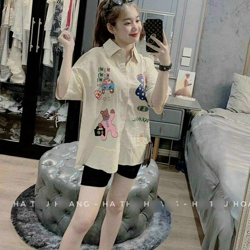 Set bộ lững áo sơ mi tay lững in hoạt hình quần thun ngố xinh