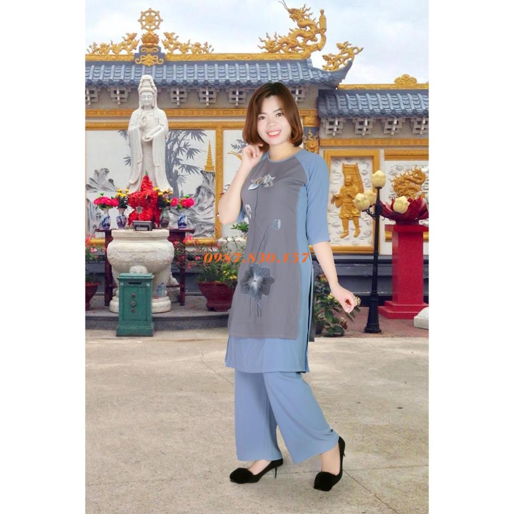 Bộ Áo Dài Đi Chùa Thêu Sen