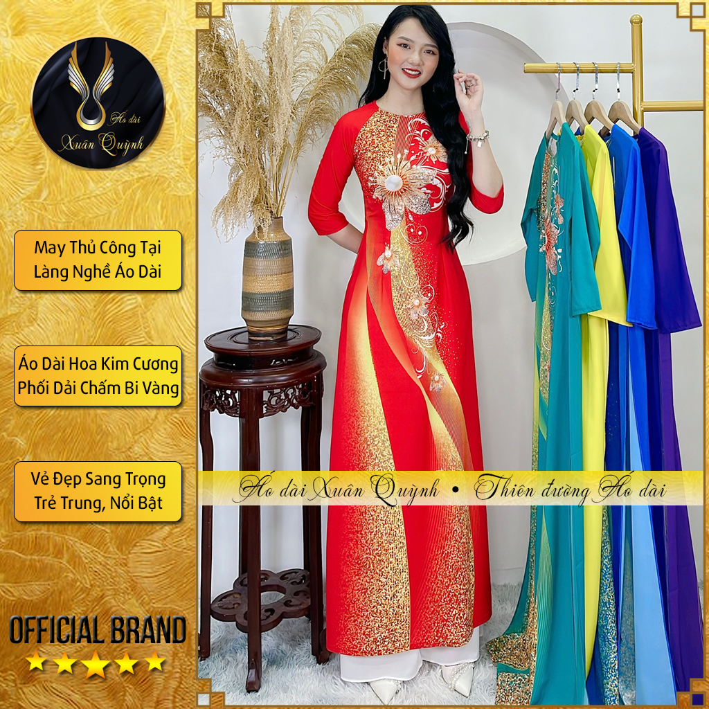 Áo Dài Truyền Thống Dải Hoa Chấm Bi Sang Trọng, Nổi Bật Lụa Habutai K97 - Áo Dài Xuân Quỳnh