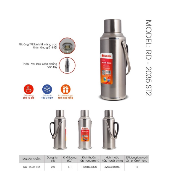 Phích đựng nước nóng 2 lít inox RD 2035 ST2 Rạng Đông
