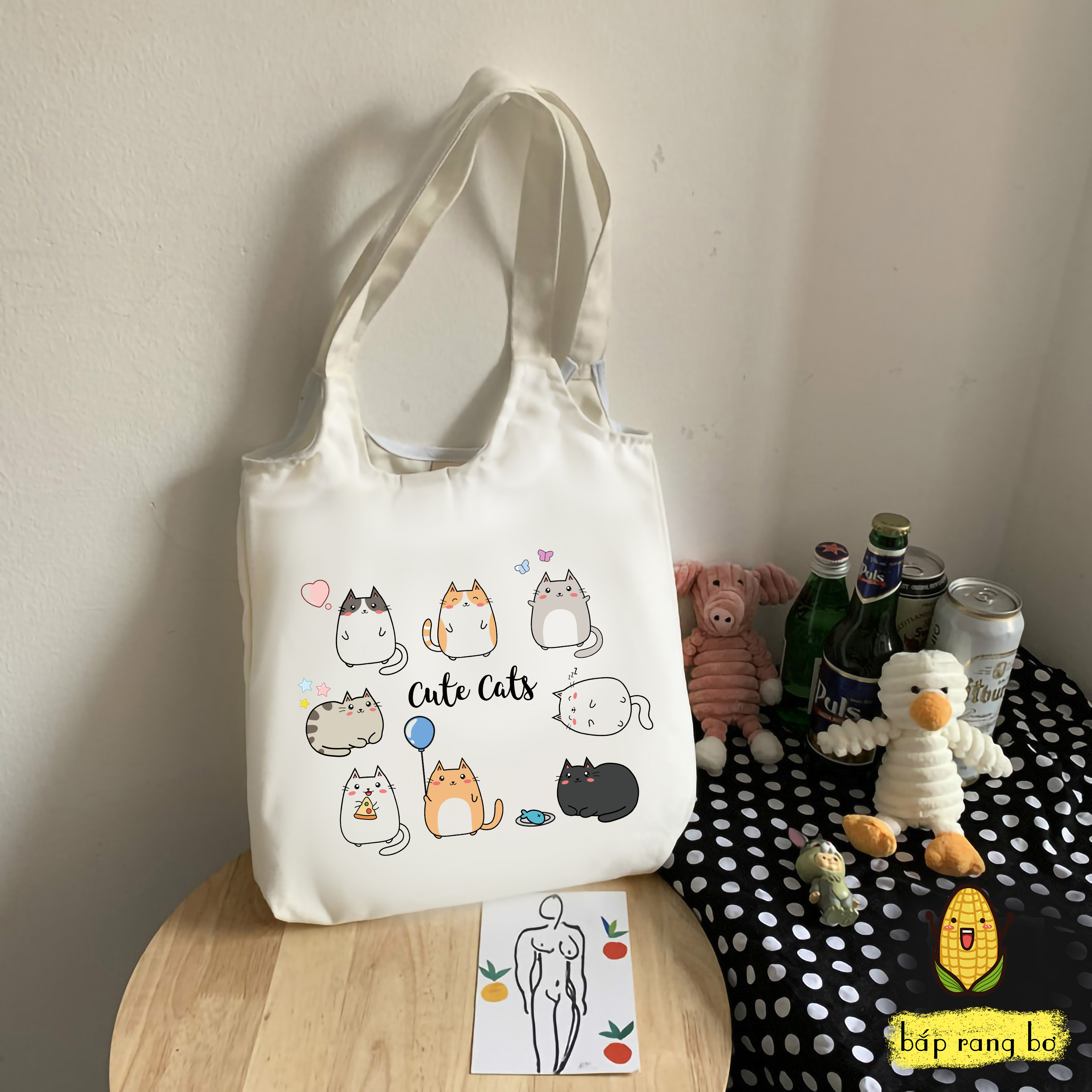 TÚI TOTE TRÒN MÈO CUTE (CÓ TÚI CON) - VẢI CANVAS