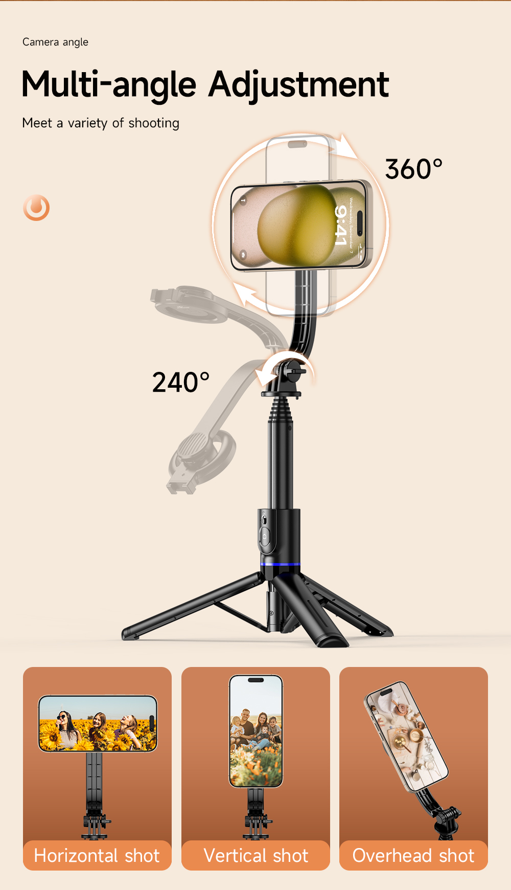 Awei Bluetooth Selfie Stick Tripod Phone Holder Stabilizer 1015mm Extended 10M Pan-Tilt Anti-Shaking Camera Stabilizer Reinforced Three-Leg Ultra-Stable Live Self-Timer Automatic Balance Selfie Stick Tripod With Bluetooth Remote Shutter Universal