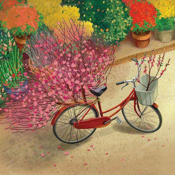 Tranh chợ hoa đào trên chiếc xe đạp đầy nghị lực và sức sống của ngày tết chắc chắn sẽ thu hút mọi khách hàng đến với khung tranh trang trí của bạn.