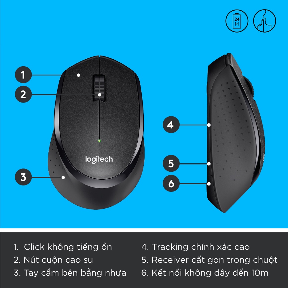 Chuột máy tính không dây Logitech M330 Silent Plus (Đen/Đỏ/Xanh dương) - Bảo hành 12 tháng