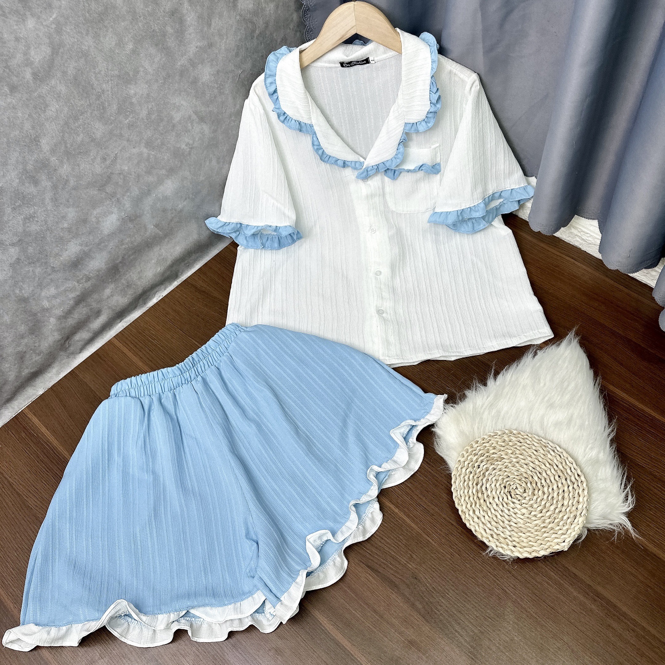TopRank women's lovely ruffles style pajamas set with 1 side pocket cool sponge linen pajamas set fat girl 58-95 set65