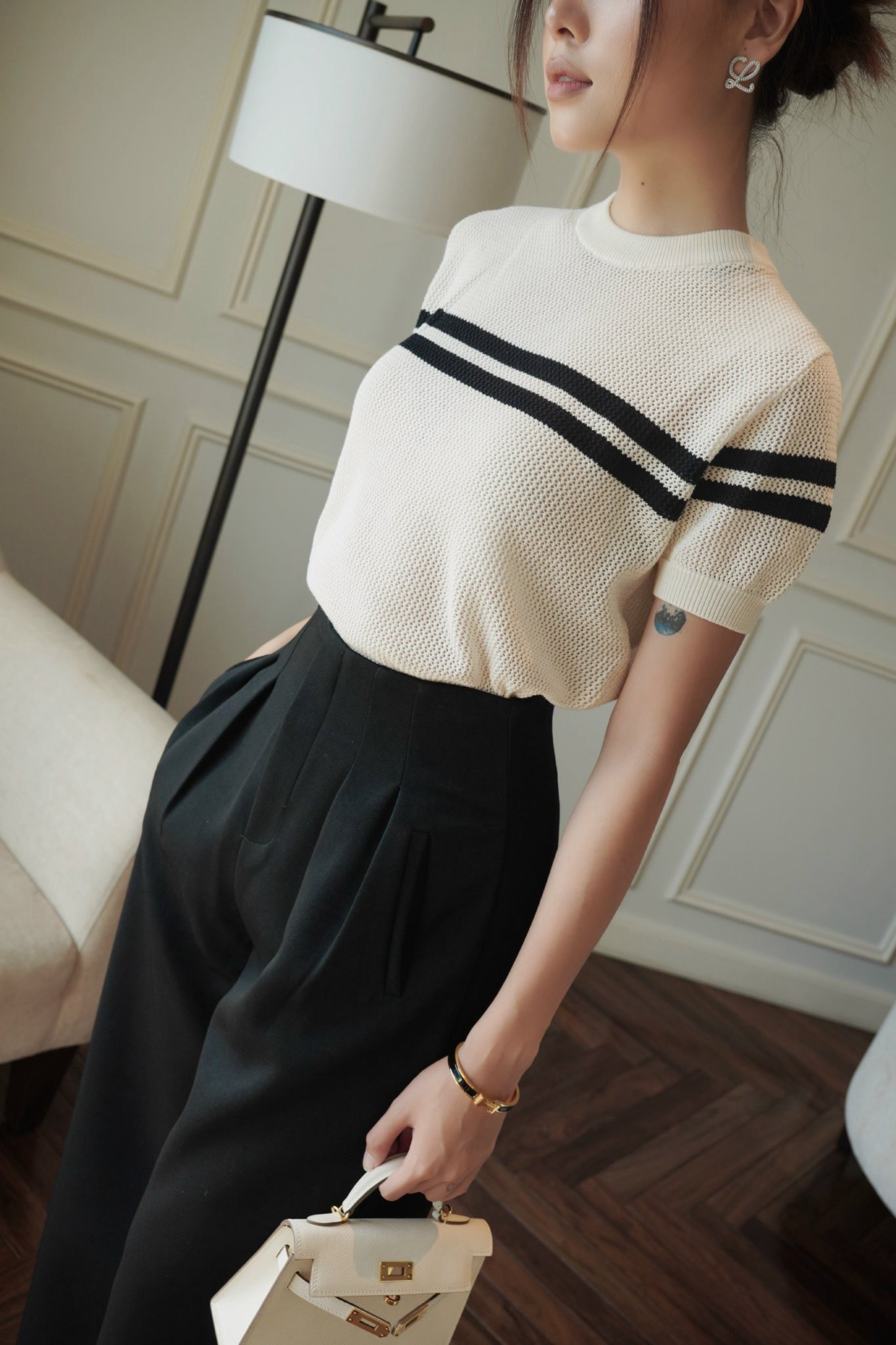 Áo len tay ngắn sọc BASIC ASPEN TOP