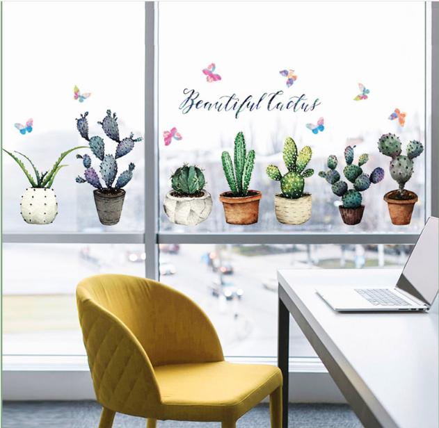 Decal trang trí tường - Nhiều Chậu Cây Xương Rồng Đậm-K71