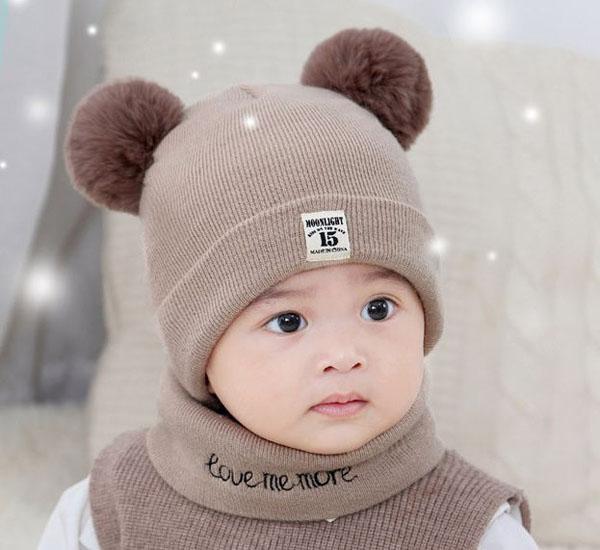 Bộ khăn mũ len hai quả bông cho bé