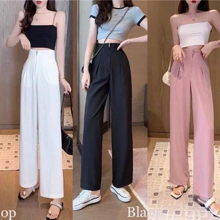 Quần culottes ống rộng] cạp cao khoá trước-xmpđ-mã quần dài khoá thép