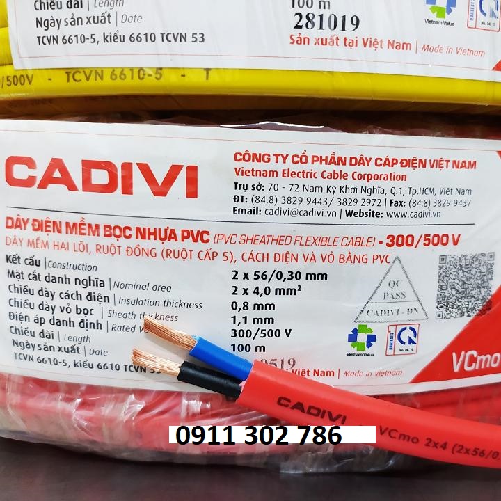 100M Dây điện đôi Cadivi VCMO2X4.0 -  2 lớp vỏ bọc