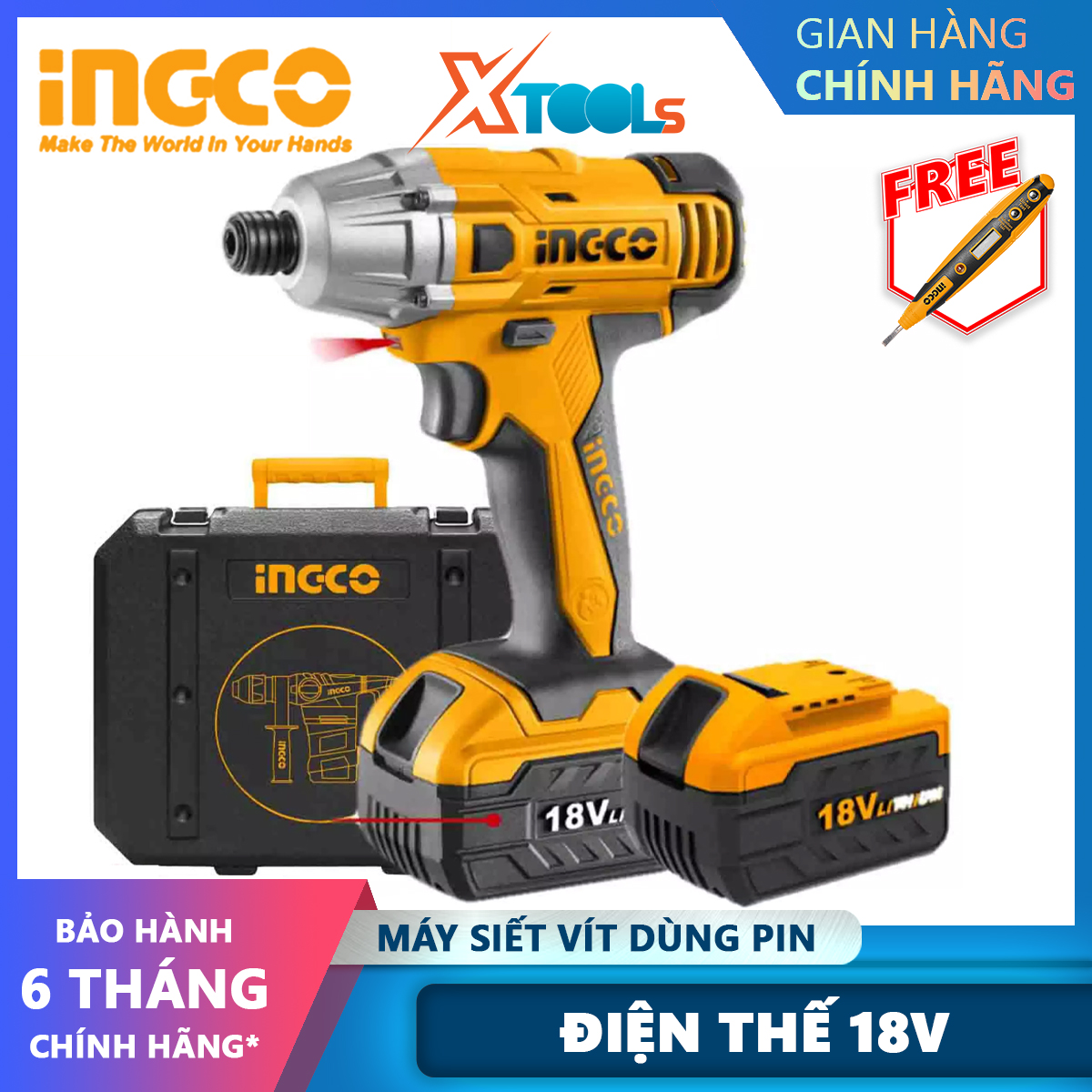Machine fasten screw use battery ingco CIDLI228181 | electric screwdriver voltage 18V, no-load speed 0-2200 rpm, speed hammer 0-3000 IPM, have led screw, tightens ốc screw on the surface of materials such as wood, wall, concrete [XTools] [xsafe]