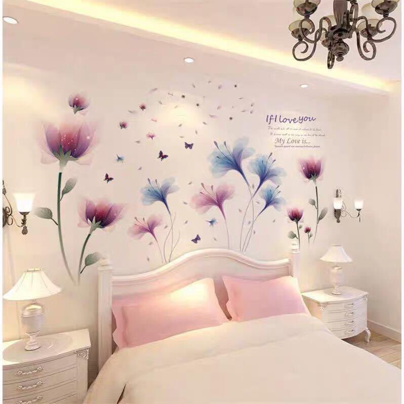 Decal dán tường Hoa pha lê tím xanh