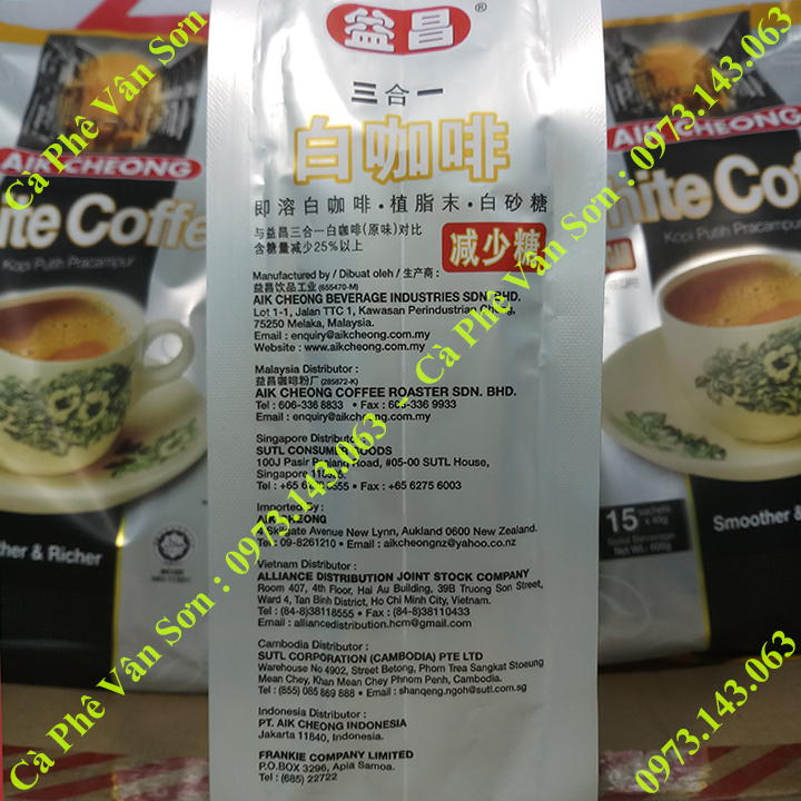 03 bịch Cà phê ít đường Aik Cheong White Coffee (less sugar) 600g (15 gói dài x 40g)